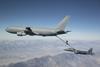 KC-46A Pegasus connects with an F-15 Strike Eagle for an aerial refueling test over California in 2018