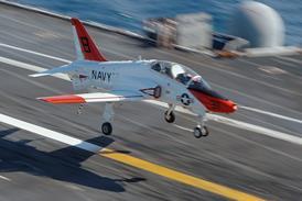 T-45 Goshawk training aircraft lands on the flight deck of the Nimitz-class aircraft carrier USS Theodore Roosevelt