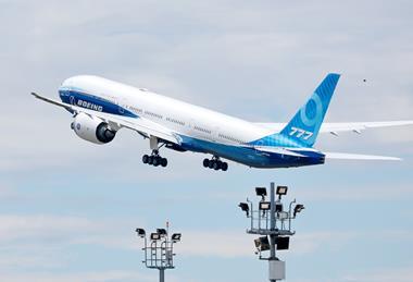 Boeing flight-test 777-9 (N779XW) taking off from Everett on 26 June 2024