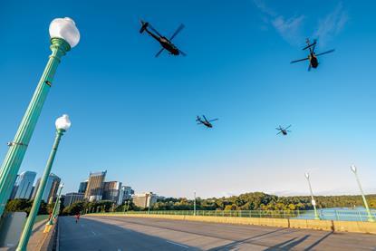 US Army UH-60 Black Hawks in formation over Potomac River c US Army