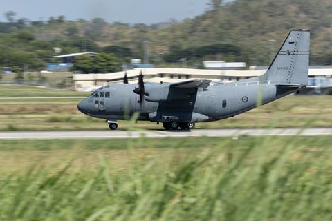 A RAAF C-27J Spartan transport aircraft takes off from Port Moresby airport to deliver Australian Aid to the Enga Province in Northern Papua New Guinea.