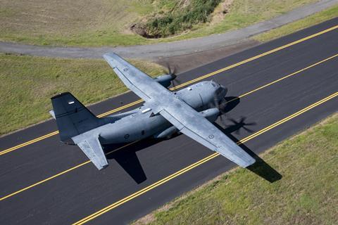 C-27J Spartan aircraft from No. 35 Squadron on the runway prior to take off, at RAAF Base Amberley, Queensland.