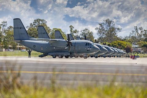 C-27J Spartan aircraft on the hardstand at No. 35 Squadron, RAAF Base Amberley, Queensland.