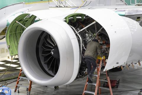 A 737 Max CFM Leap engine in Boeing's Renton assembly site