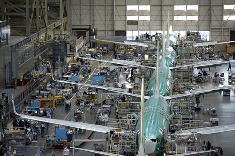 Boeing 737 production final assembly line in Renton, Wash