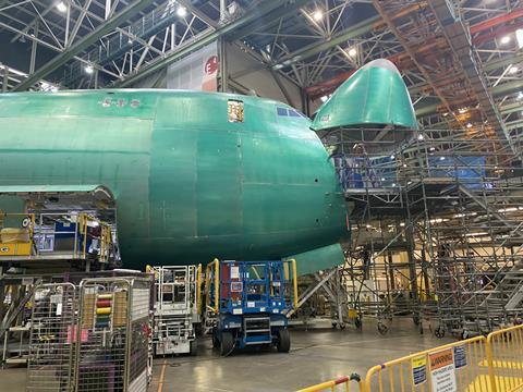 One of the last three 747-8Fs (a jet for Atlas Air) being produced at Boeing's Everett production site, on 15 June 2022