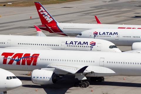 LATAM aircraft parked at Sao Paulo Guarulhos airport during pandemic grounding