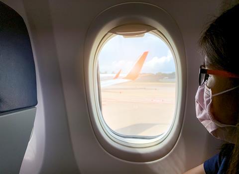 Women with facemask on plane