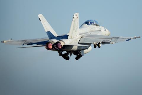 US Navy FA-18F Super Hornet launches from Royal Air Force Lakenheath England c USN