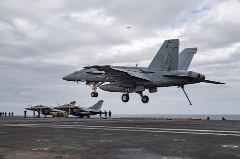 US Navy Super Hornet lands aboard Charles De Gaulle in 2020