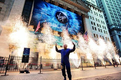 Richard Branson, founder of Virgin Galactic outside the NYSE at the company's IPO
