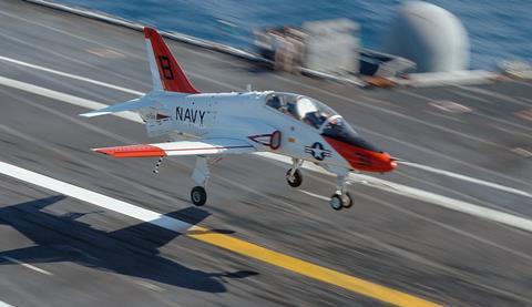 T-45 Goshawk training aircraft lands on the flight deck of the Nimitz-class aircraft carrier USS Theodore Roosevelt