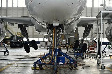 MRO: an Airbus A320-family aircraft in hangar