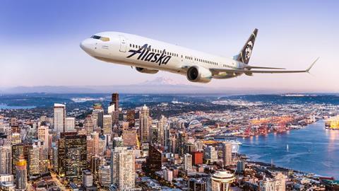 A Boeing 737 Max in Alaska Airlines' colours