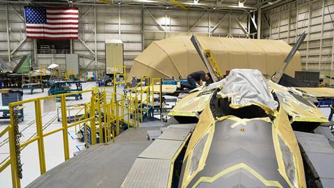 574th Aircraft Maintenance Sqaudron maintainer performs depot maintenance on F-22 Raptor at Hill Air Force Base Utah