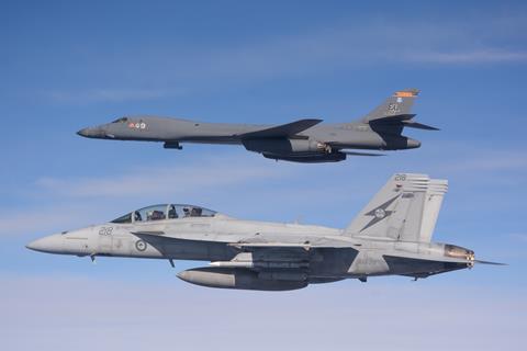RAAF F-18F with a USAF B-1B during 2022's Diamond Storm Exercise
