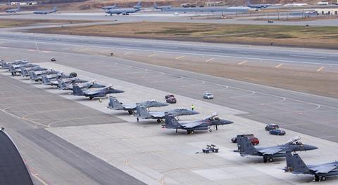 US Air Force F-15s from the 53rd Wing and 96th Test Wing sit on the ramp at Joint Base Elmendorf-Richardson during Northern Edge 21 c USAF