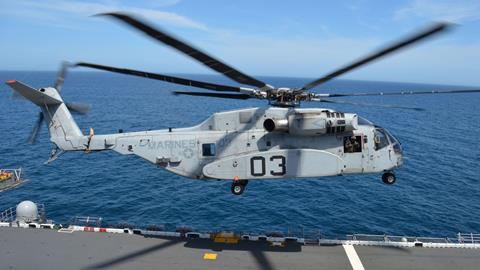 CH-53K King Stallion takes off from the USS Wasp (LHD) for a launch and recovery test as part of sea trials