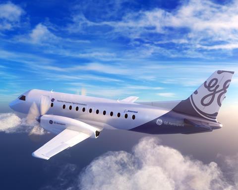 Pictured is a rendering of GE Aerospace’s hybrid electric aircraft testbed for NASA’s Electrified Powertrain Flight Demonstration (EPFD) project. Image credit: GE Aerospace.