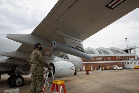 Pod-mounted radio frequency countermeasure system on a P-8A Poseidon c USN