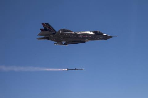 F-35A test fires a standard AMRAAM air-to-air missile off coast of California c Raytheon