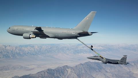 KC-46A Pegasus connects with an F-15 Strike Eagle for an aerial refueling test over California in 2018 - 970