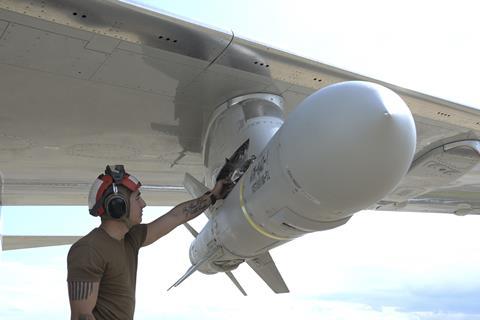 Harpoon anti-ship missile on US Navy P-8A Poseidon