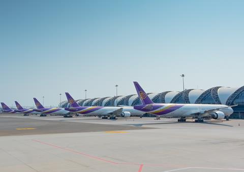 Thai Airways fleet at Bangkok airport May 2020, Shutterstock