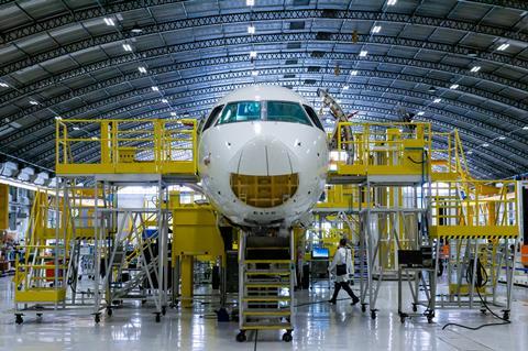An Embraer E-Jet in assembly