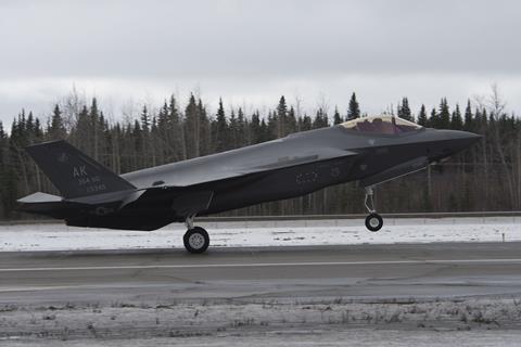 F-35A Lightning II landing at Eielson Air Force Base in Alaska