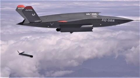 Kratos XQ-58A deploying an Altius 600 loitering munition