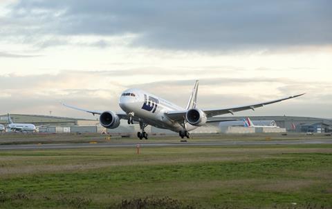 A LOT Polish Airlines Boeing 787 takes off in 2012