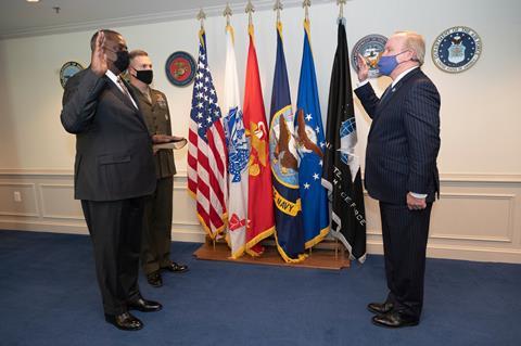 Austin being sworn in as Secretary of Defense at The Pentagon on 22 January 2021 c Department of Defense