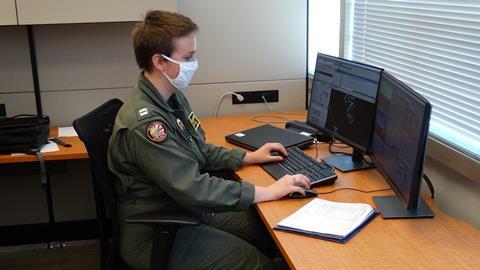 Lt. Venus Savage MQ-25 assistant operational test director for VX-1 and MQ-25 air vehicle operator, participates in MQ-25 simulation training c USN