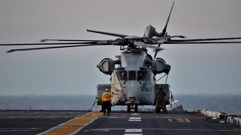 CH-53K King Stallion prepares to take off from the deck of the USS Wasp