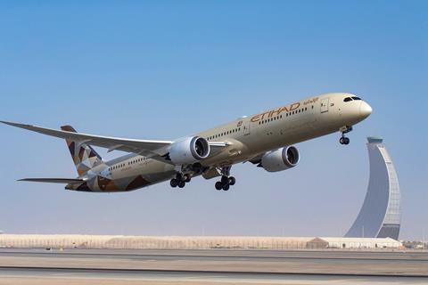 An Etihad Airways Boeing 787 Dreamliner takes off from Abu Dhabi International Airport LR