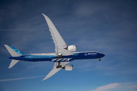 Boieing 777-9 777X in flight gear down