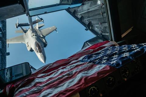 F-35A Lockheed Martin takes fuel from a KC-10