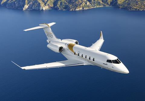 Challenger 3500 Exterior Inflight Blue Water and Mountains