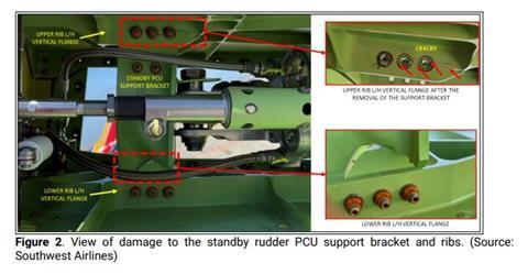 Pictures of the damaged rudder control components of the Southwest 737 Max 8