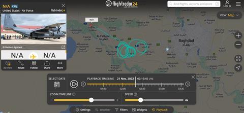 AC-130J flight track Iraq 21 November 2023