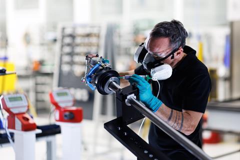 A Collins Aerospace technician applies sealant to an actuahttps://dvvfg.webvisioncloud.com/CMS/imageAddEdit.aspx?label=attimages&id=1tor, part of the A350 electric thrust reverser actuation system (elecTRAS) on the new production line in Colomiers, France
