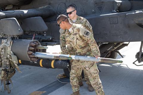 U.S. Army AH-64E Apache helicopter ground crew members load a Hydra 70 rocket at at Jalalabad Airfield, Afghanistan c US Army