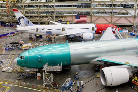 A 777 (foreground) and 787 at Boeing's Everett site on 26 June 2024