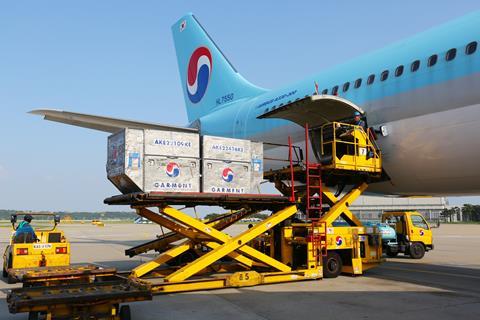 Korean Air A330 being loaded with air cargo