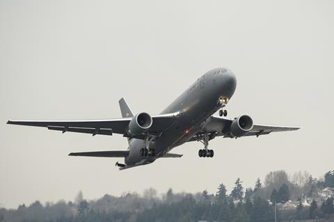 Boeing KC-46A Pegasus tanker takes off from Boeing Field to Altus Air Force Base, Okla