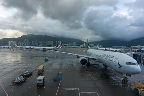 Cathay Pacific aircraft parked at Hong Kong airport June 2019