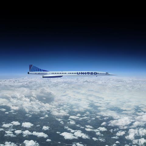 Boom Supersonic's conceptual airliner Overture in United Airlines' colours