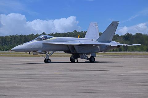 The first Super Hornet for the U.S. Navys Blue Angel flight demonstration squadron sits on the flight ramp at Boeings Cecil Field facility in Jacksonville Florida