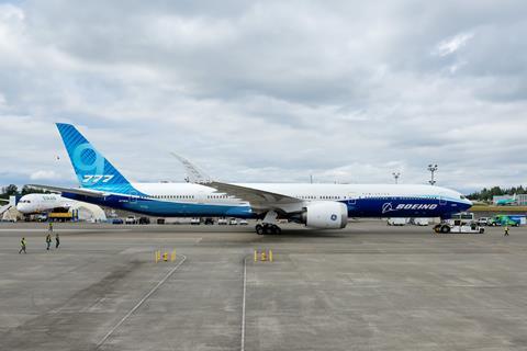 Boeing flight-test 777-9 (N779XW) at Everett on 26 June 2024